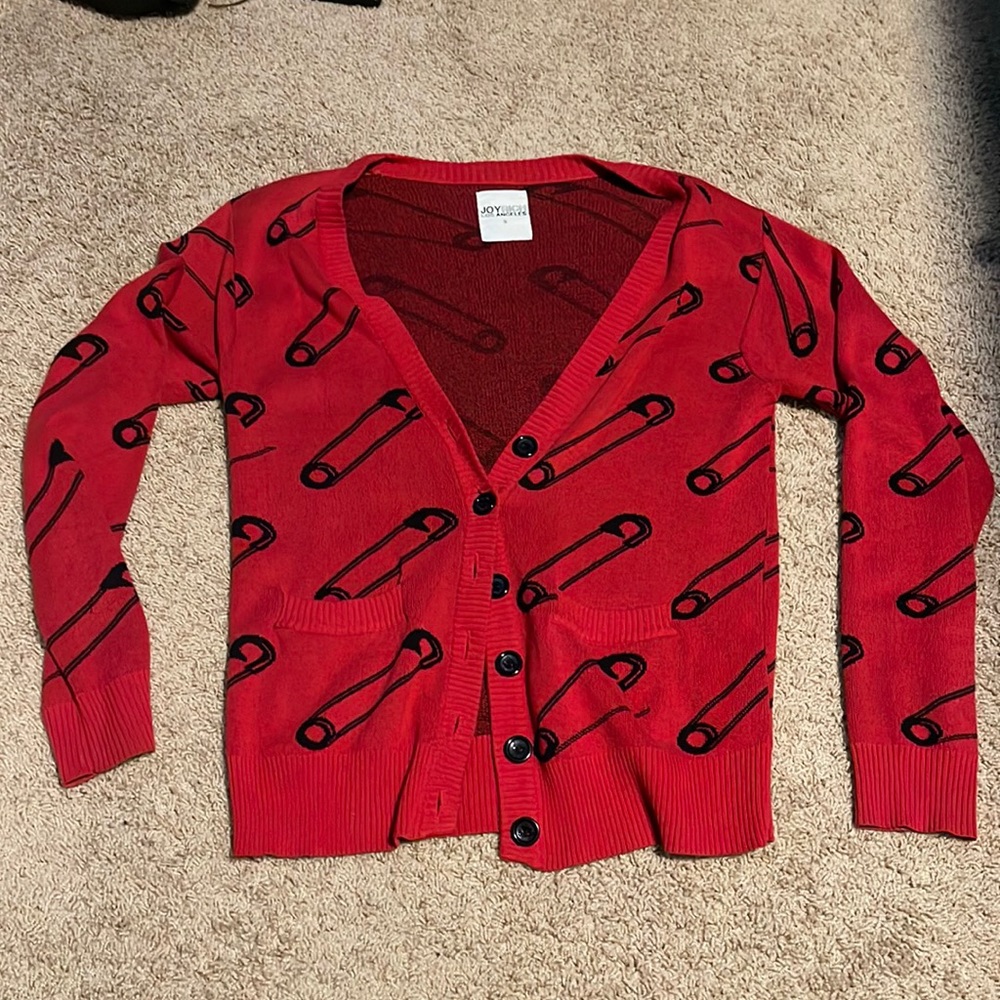JoyRich safety pin sweater in red and black
